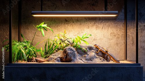 Photorealistic image of home reptile enclosure featuring plants, rocks, and lizard basking warm light. serene atmosphere