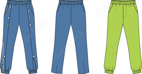 Three jogger pants front view design, technical flat sketch, elastic waist, button details, casual fashion wear template for apparel industry flat vector illustration