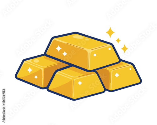 Stack of Shining Gold Bars with Blue Outline.  Illustration of four shining gold bars with blue outlines and sparkles, symbolizing wealth, investment, or luxury.