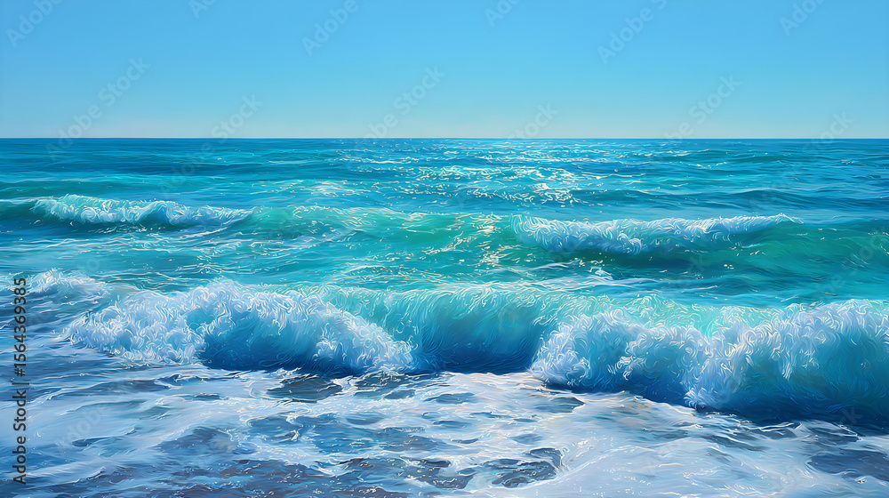Fototapeta premium Infinite Turquoise: Capturing the Mesmerizing Dance of Ocean Waves Under Azure Skies with Shimmering Sunlit Crests