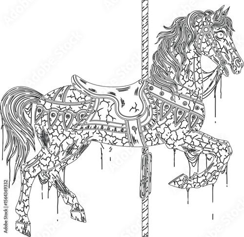 Illustration of a carousel horse with cracked texture on a gray background