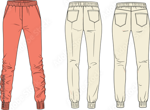 Women's jogger pants fashion illustration with elastic waistband, ribbed cuffs, side and back pockets, stylish casual wear flat sketch flat vector illustration