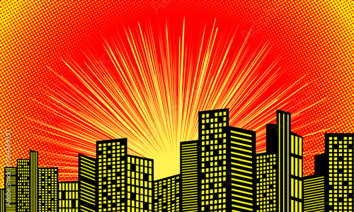Comic cartoon background with city silhouette and halftone texture