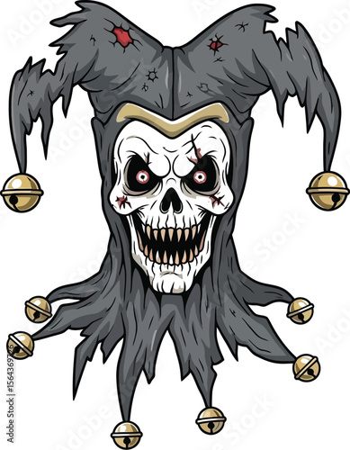 A creepy jester skull with a tattered hat and bells isolated on white backgroun
