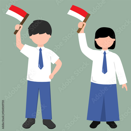 junior high school student holding indonesia flag. indonesia independec day celebration 