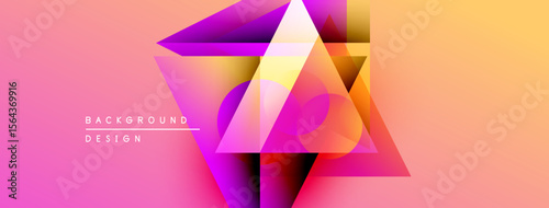 Abstract geometric composition. Pink, purple, yellow gradients create layered triangular forms. Modern design element for backgrounds.