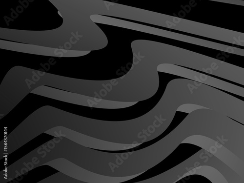 A background of dark gray bands curve and overlap with soft gradients on a deep black background, creating the illusion of depth and abstract movement.