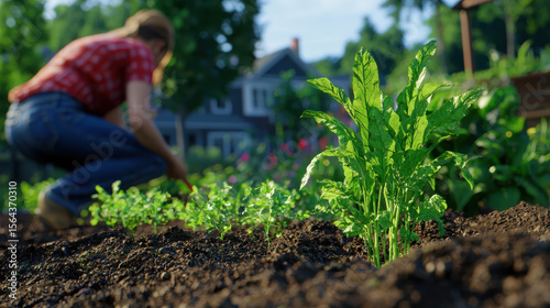 Person gardening in lush backyard, tending to vibrant green plants and vegetables, surrounded by nature beauty