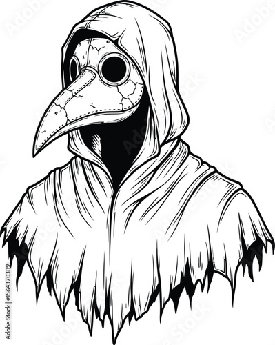 Illustration of a plague doctor wearing a mask and hooded cloak on white