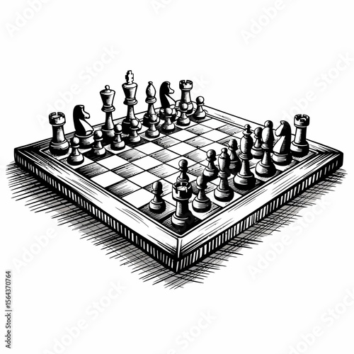 An intricate hand-drawn illustration of a chessboard with pieces in mid-game, showing a mix of kings, queens, knights, and pawns. The monochrome design features shading and detail in a classic, strate