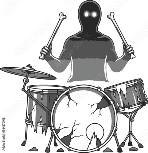 A ghostly figure playing a tattered drum set with bone drumsticks on white