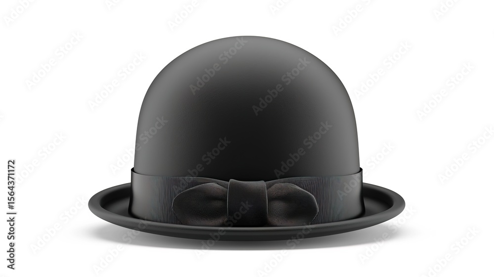 Fototapeta premium A black bowler hat stands alone on a clean white background, presenting a simple and classic accessory - related scene that showcases the unique shape and dark color of the bowler hat.