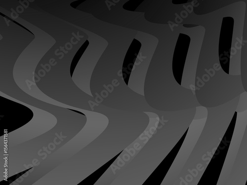 A background of dark gray bands curve and overlap with soft gradients on a deep black background, creating the illusion of depth and abstract movement.