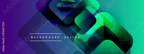 Abstract geometric shapes overlap, creating vibrant gradient effect. Purple, green hues dominate design. Modern, dynamic composition.