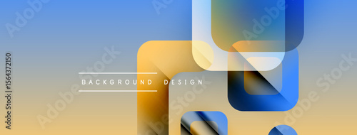 Abstract geometric shapes overlap, creating layered visual effect. Gradient background transitions from blue to gold tones. Minimalist design.