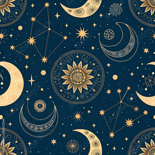 “Mystical seamless pattern with hand-drawn crescent moons, constellation lines, glowing stars, alchemy symbols in soft gold on navy background.”
