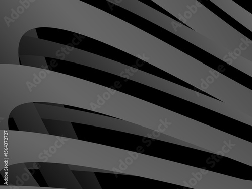 A background of dark gray bands curve and overlap with soft gradients on a deep black background, creating the illusion of depth and abstract movement.