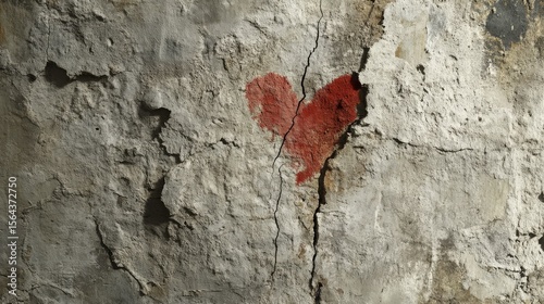 90.A weathered plaster wall with a faintly visible red heart, split down the middle by a deep crack, with one side slightly crumbled and shadowed.