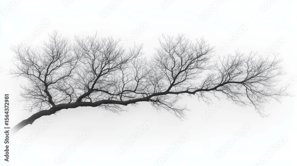 Obraz premium A delicate, leafless tree branch extends horizontally against a stark white background, emphasizing its intricate, bare twigs and minimalist beauty.
