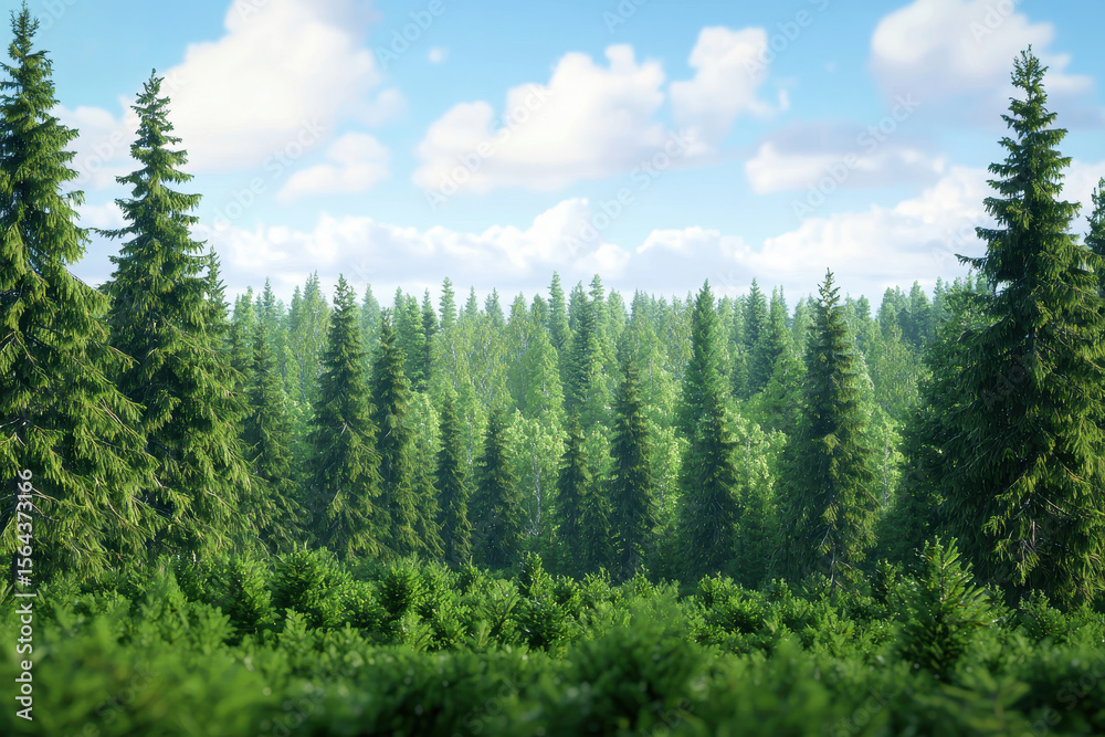 Photorealistic image of taiga forest featuring tall spruce trees and lush greenery bright blue sky. serene landscape evokes Photorealistic image of taiga forest featuring tall spruce trees and lush greenery bright blue sky. serene landscape evokes