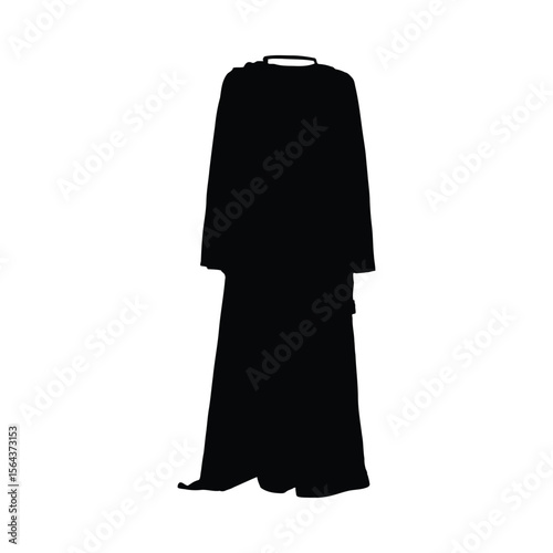 Black silhouette of a long-sleeved garment with a rounded neckline and flared skirt on a white background