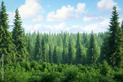 Photorealistic image of taiga forest featuring tall spruce trees and lush greenery bright blue sky. serene landscape evokes