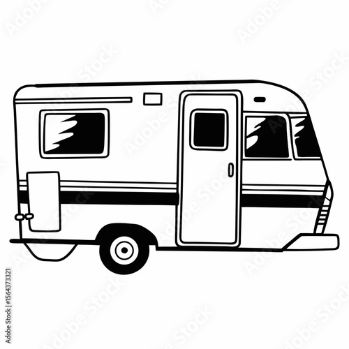 A vintage camper van is isolated on a white background in black and white