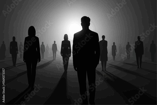 silhouettes of people walking in the city