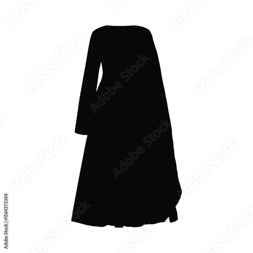 Black silhouette of a long-sleeved salwar kameez dress with a flowing dupatta design on white background