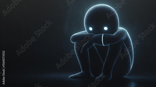 10.A single large mascot character in a dark room, hunched over with crossed arms and a drooping head, with subtle glowing outlines emphasizing sadness.