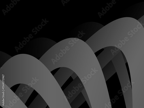 A background of dark gray bands curve and overlap with soft gradients on a deep black background, creating the illusion of depth and abstract movement.