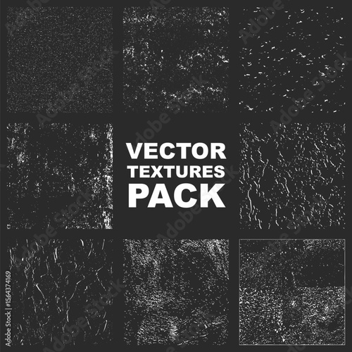 Nine pixelated highcontrast texture squares with a central text block saying Vector Textures Pack in a pixel font