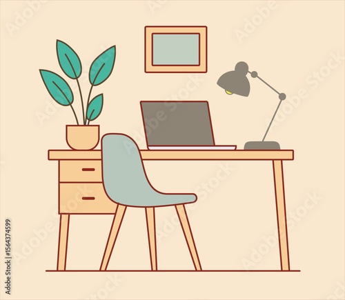 Illustrated desk setup with laptop lamp plant chair and framed picture in a minimalist style