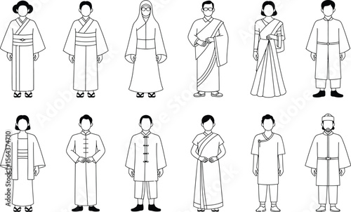 Line Art Illustrations of Diverse Traditional Attire and Clothing Styles