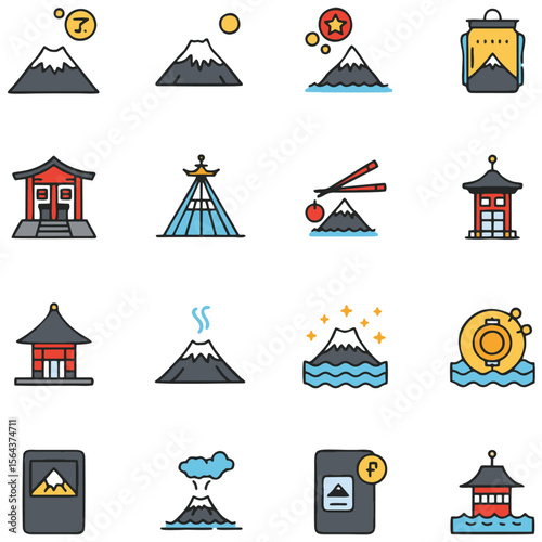 Bunte japanische Symbole zeigen Berge, Tempel und Sehenswürdigkeiten. Geeignet für Reisebroschüren, kulturelle Websites oder Lehrmaterialien