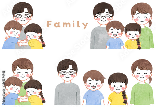 笑顔で並ぶ若い家族・親子のイラストアイコンセット