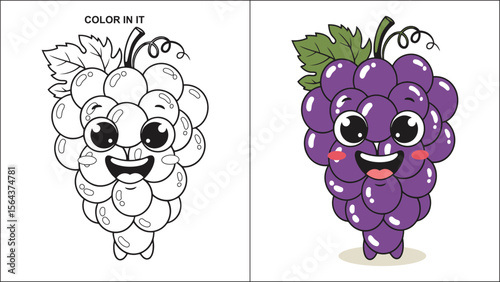 Coloring page featuring a cartoon grape bunch with a happy face and a colored in example image beside it