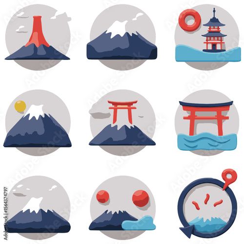 Nine icon set featuring Mount Fuji in different styles, perfect for travel websites, graphic design projects, and tourist brochures