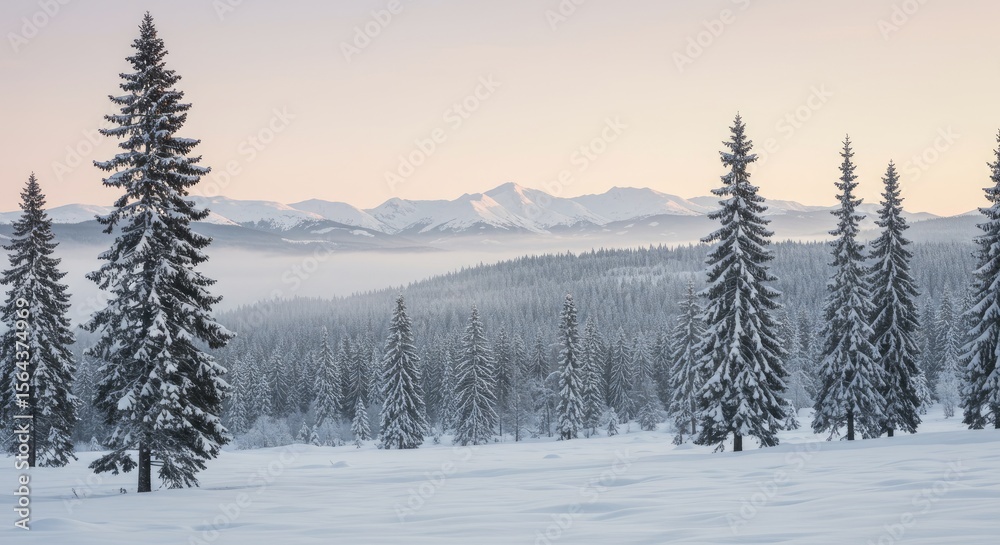 Fototapeta premium Snowy mountain landscape at dawn