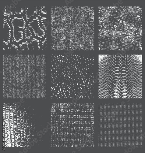 The image presents nine square textures resembling animal skin and fabric patterns all rendered in white against a gray backdrop