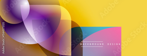 Abstract colorful shapes overlap, creating vibrant gradients. Yellow dominates right side, purple left. Modern design element.