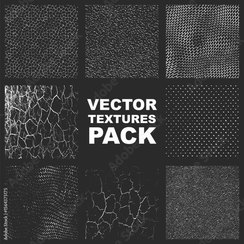 Vector textures pack displays nine monochrome pixelated designs centered text VECTOR TEXTURES PACK over gray background