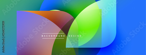 Abstract colorful shapes overlap creating vibrant visual effect. Modern design elements suggest dynamic composition. Background features gradients.