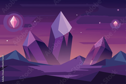 Enigmatic Purple Crystal Landscape A Tranquil Gemstone Vista in a Dreamy Evening Scene