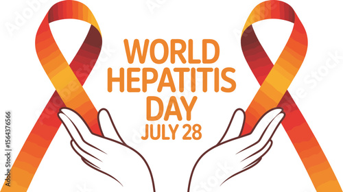 World hepatitis day july twenty eighth with orange awareness ribbons and hand outlines on white background