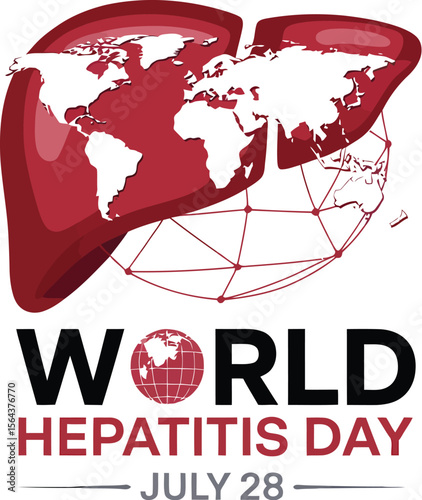 World hepatitis day graphic featuring a liver with a world map and a globe on a light background