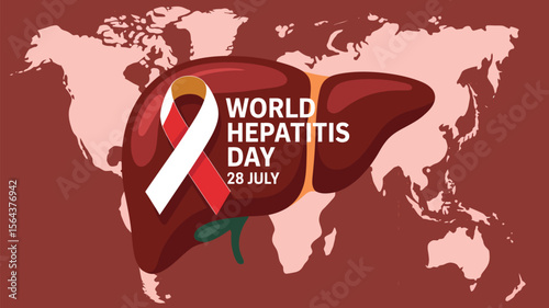 World hepatitis day illustration featuring a liver, ribbon, and world map background design
