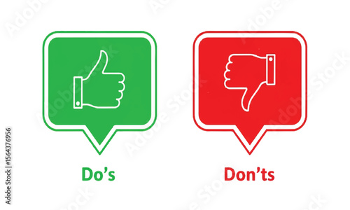 Do's and Don'ts icons with thumbs up and thumbs down on white background