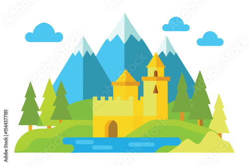 Flat Vector Illustration of a Castle on a Hill with Mountain Backdrop, trees, and a Lake