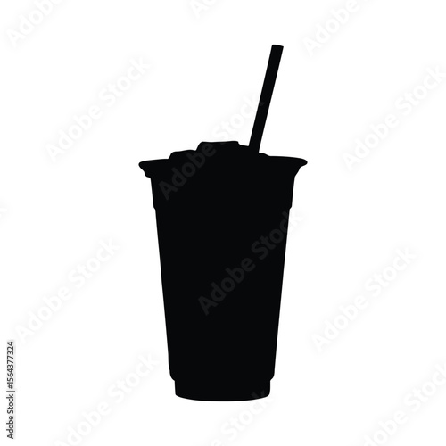 Black silhouette of iced Thai tea in a plastic cup with a straw against a white background 1